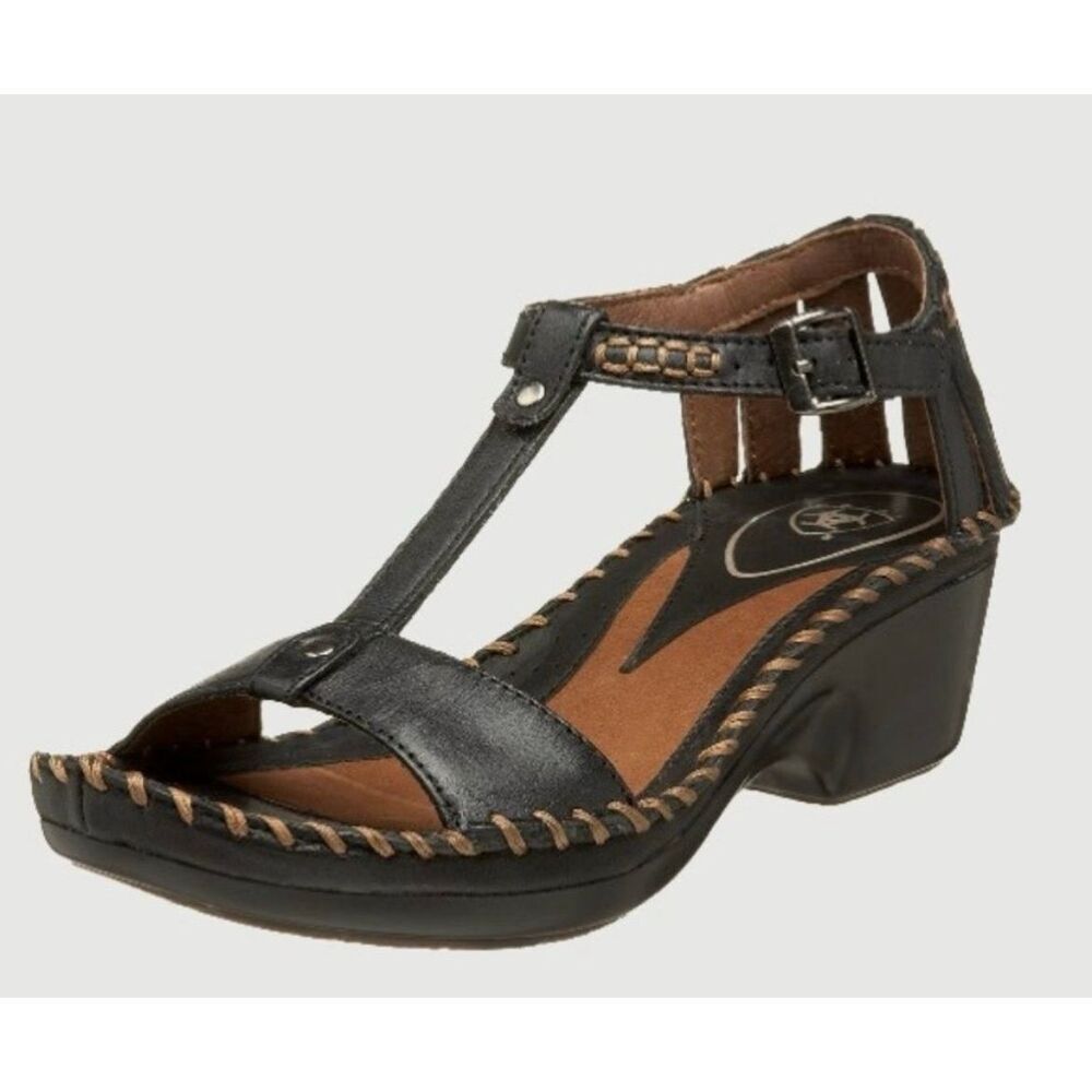 ✨Ariat Shalimar Brown Leather T-Strap Buckle Wedge Sz 7 Sandals✨